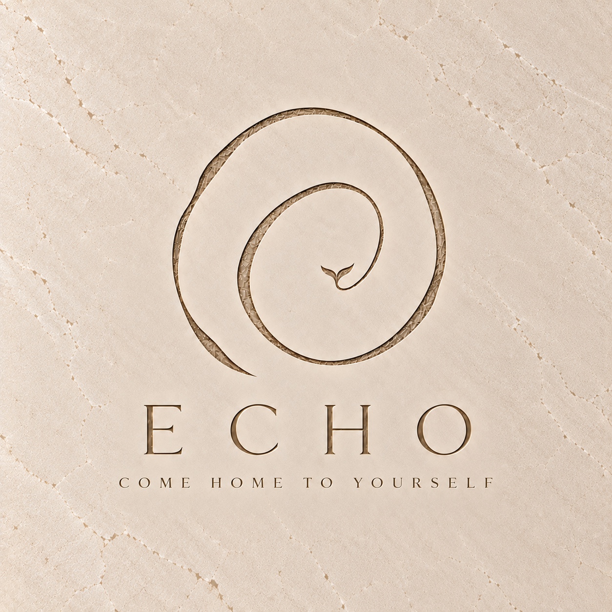 The ECHO logo, a spiral that ends in a sprout above the words ECHO and Come home to yourself, engraved in pale veined stone.